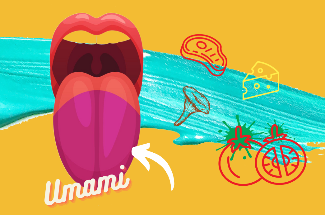 Mouth with tongue showing umami spreading across the whole tongue, along with umami-rich foods meat, mushrooms, cheese and tomatoes on yellow background with turquoise streak of paint