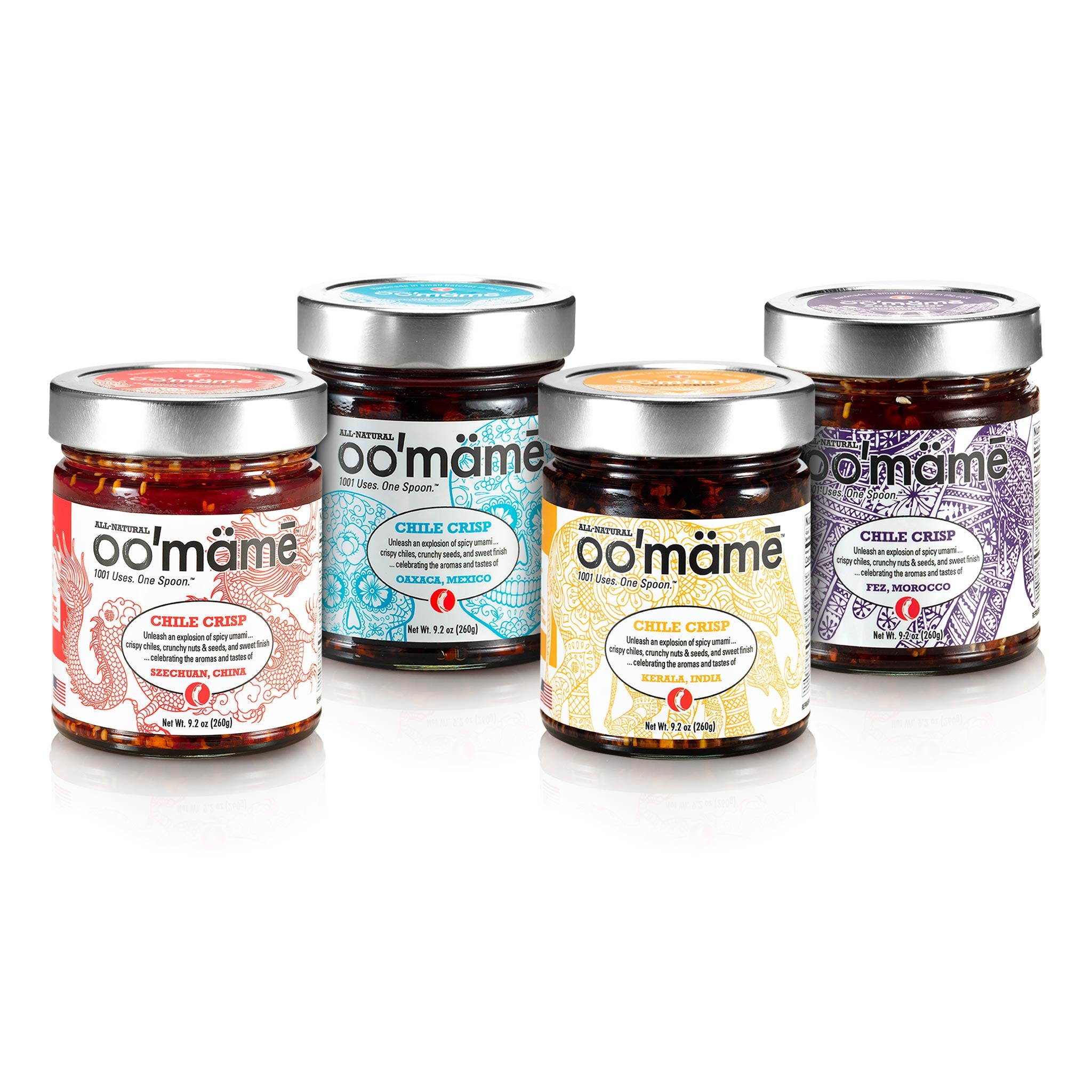 Jars of oo’mämē Chinese, Mexican, Indian and Moroccan Chile Crisp
