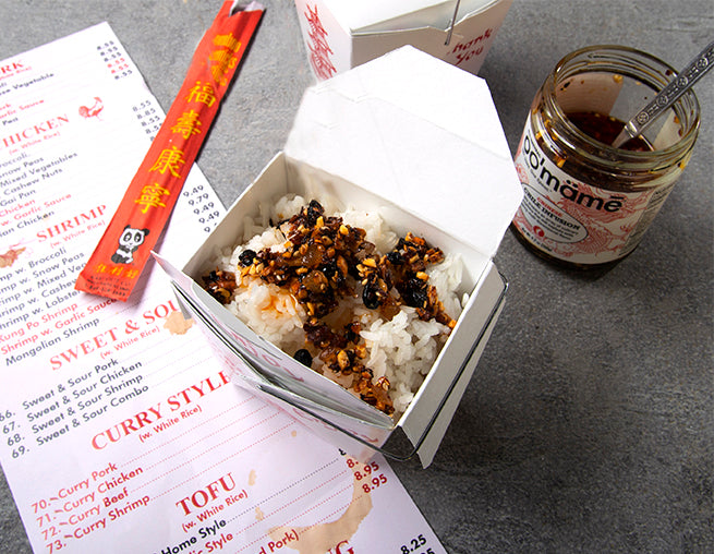 Chinese leftover rice with oo’mämē Chinese Chile Crisp with take out menu #leftovers #myoomame
