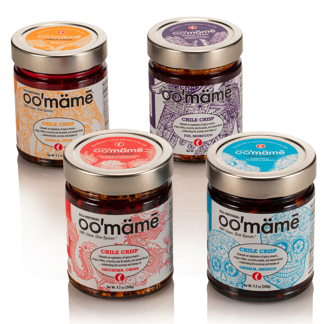 Jars of oo’mämē Chinese, Mexican, Indian and Moroccan Crisp