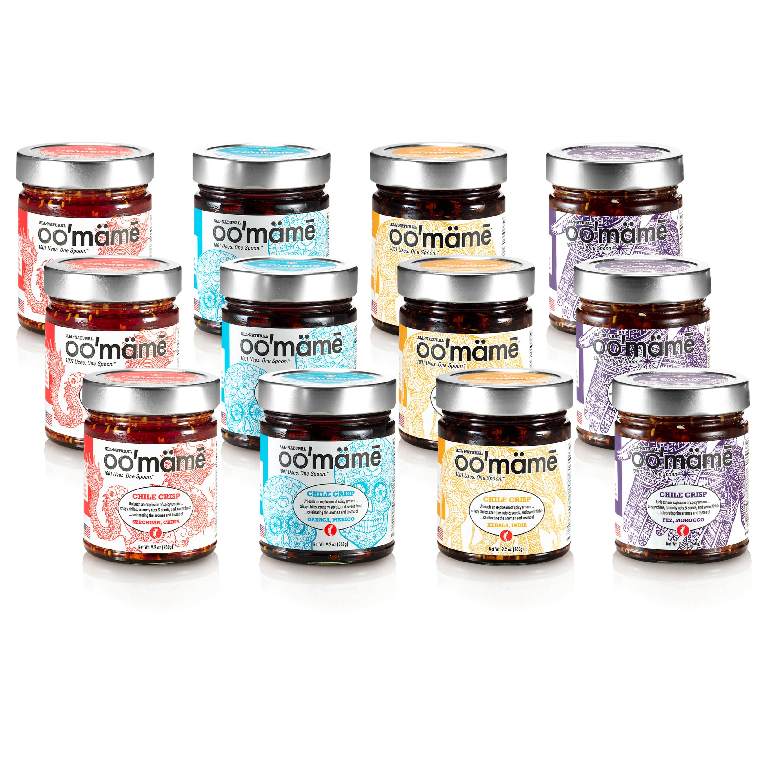 One case of oo’mämē chile crisp: 3 jars Szechuan, China; 3 jars Oaxaca, Mexico; 3 jars Kerala, India; 3 jars Fez, Morocco.