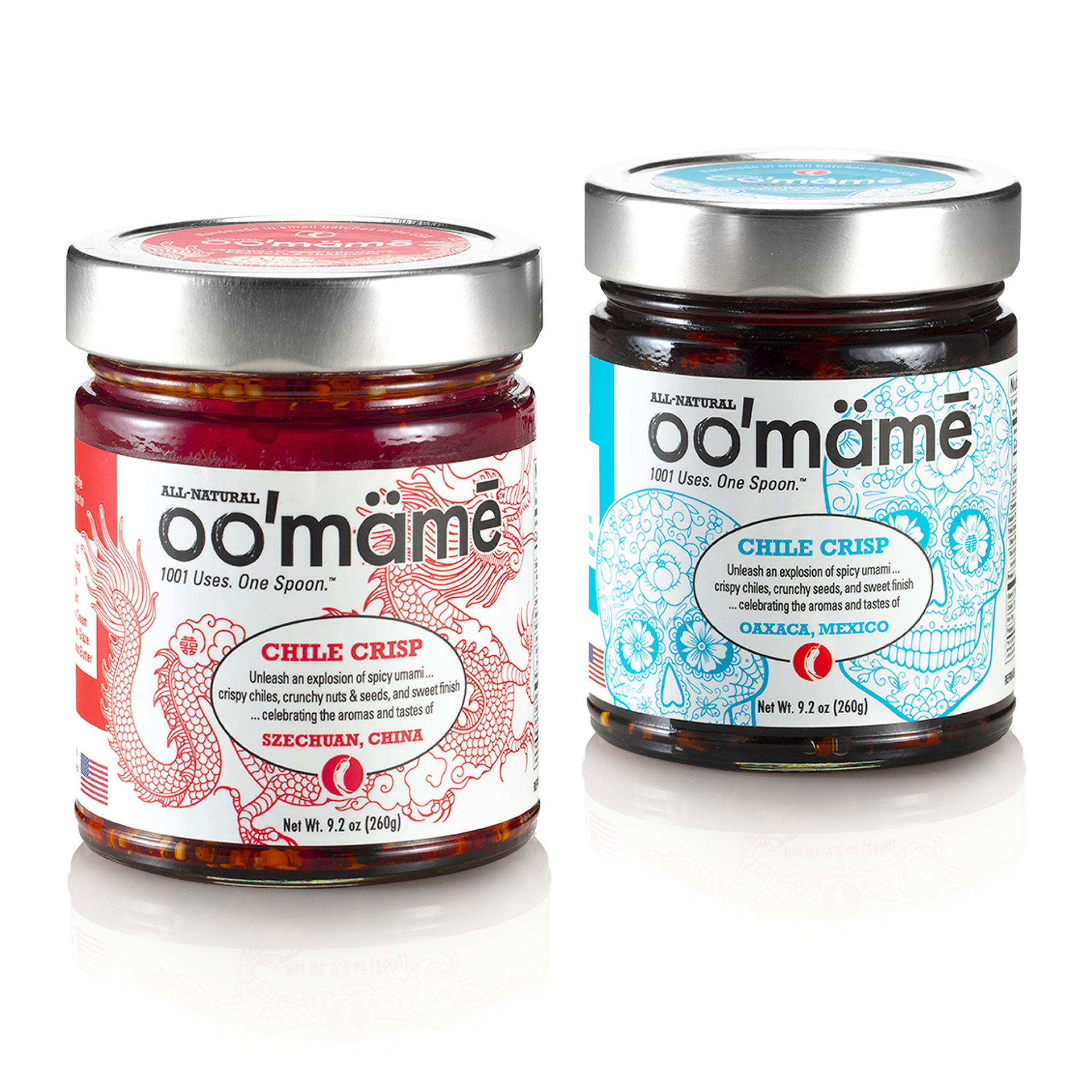Jars of oo’mämē Chinese and Mexican Chili Crisp