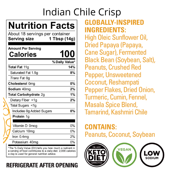 Indian Chile Crisp Nutrition and Ingredient Panel 