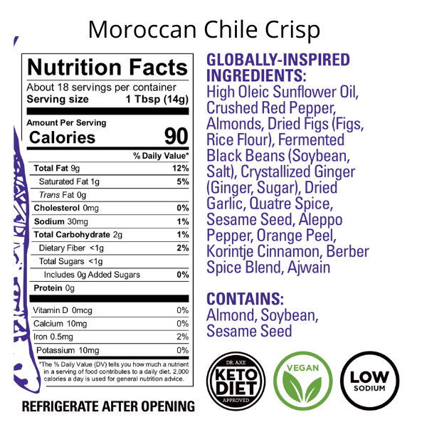 Moroccan Chile Crisp Nutrition and Ingredient Panel 