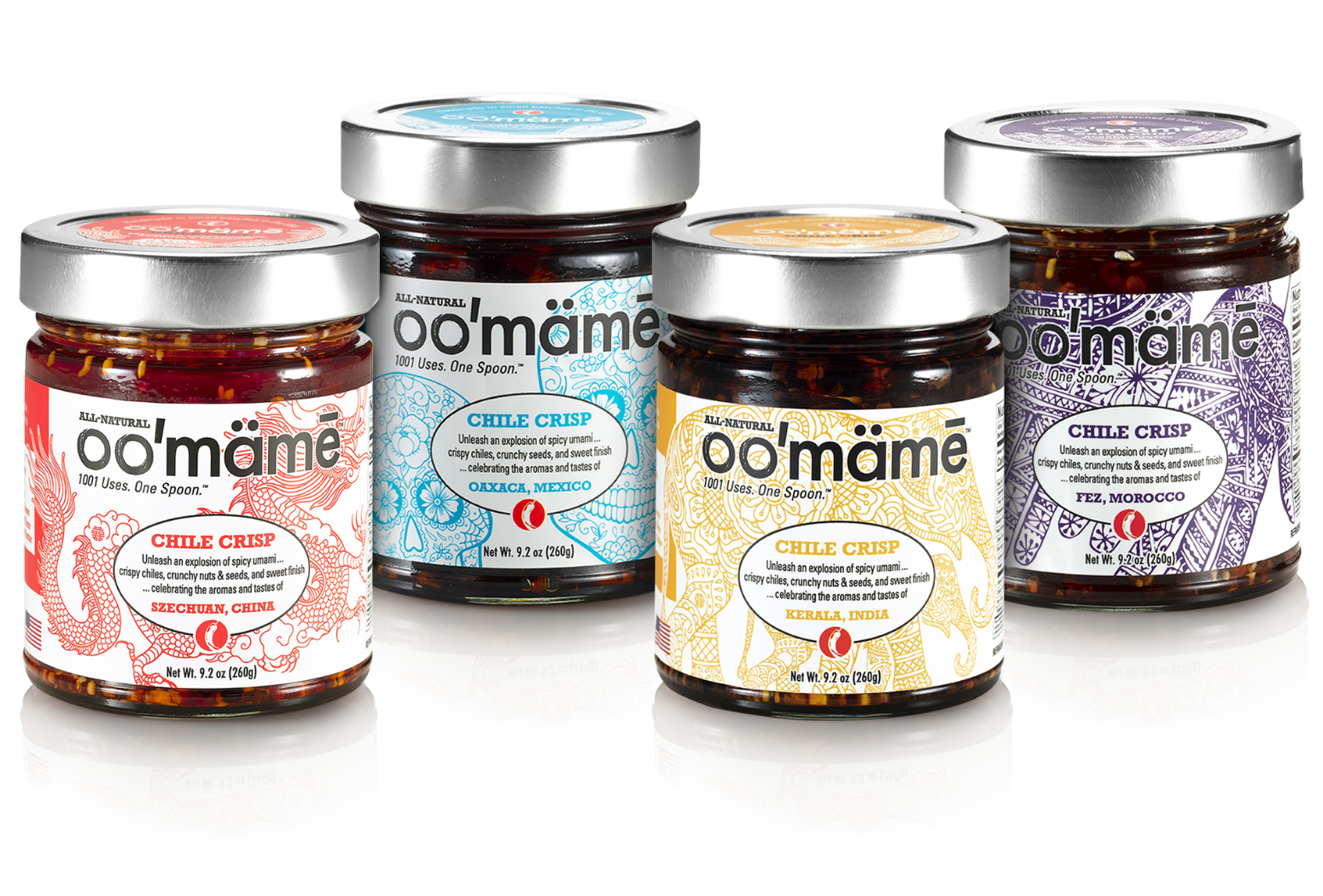 Jars of oo’mämē Chinese, Mexican, Indian and Moroccan Crisp