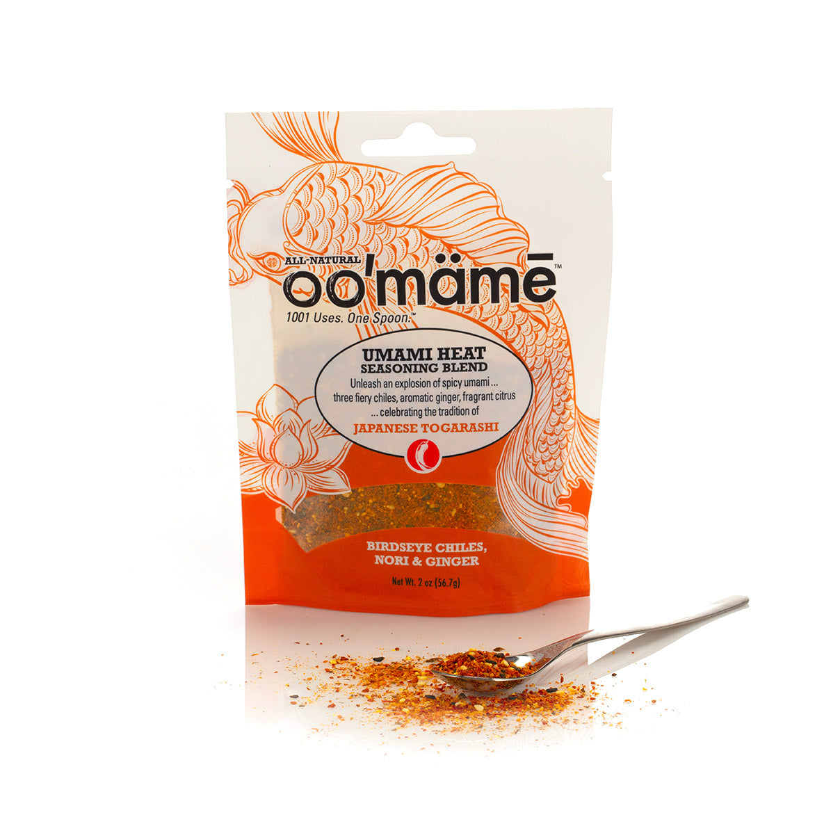 Pouch of Umami Seasoning Blend with spoon and spilled spice