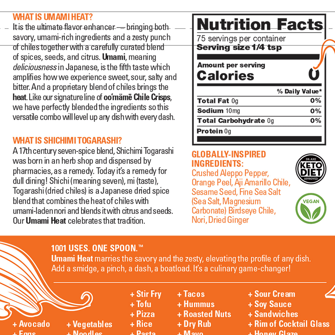 Back of pouch of Umami Heat including Nutrition Panel and Globally Inspired Ingredients