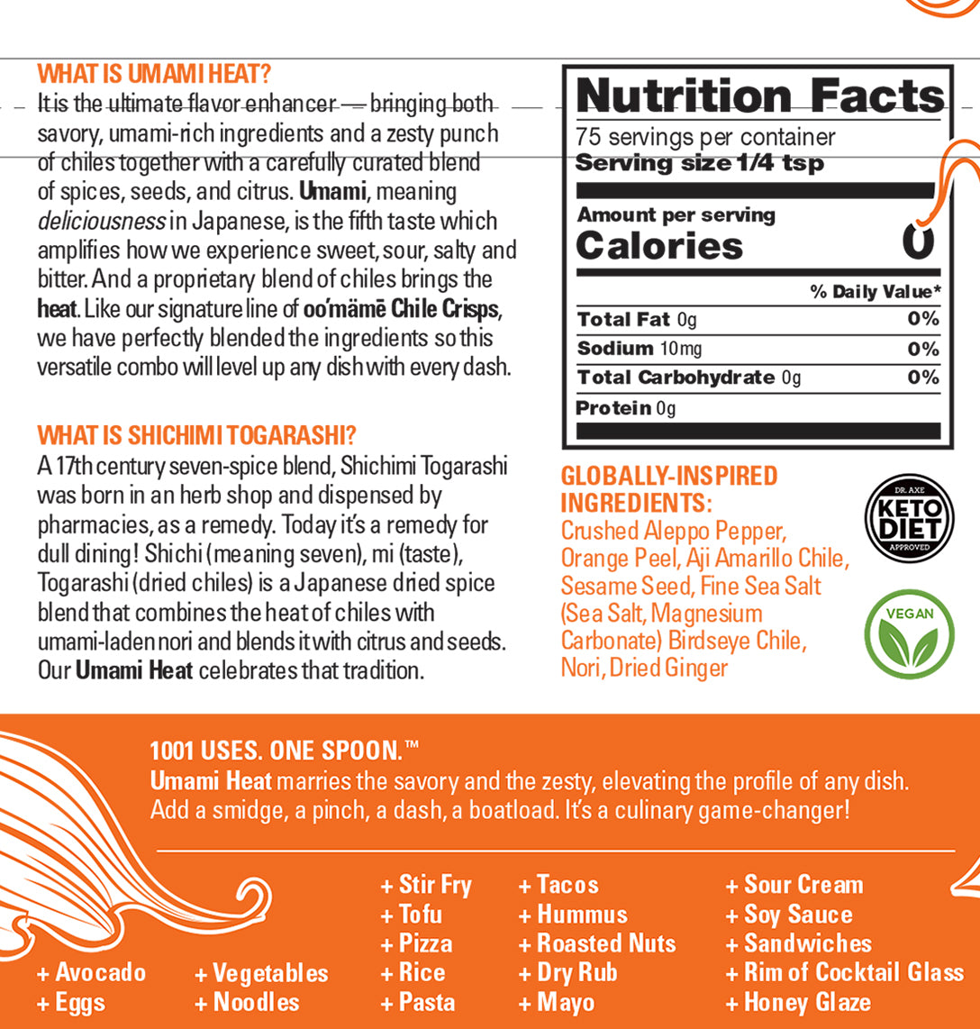 Back of pouch of Umami Heat including Nutrition Panel and Globally Inspired Ingredients